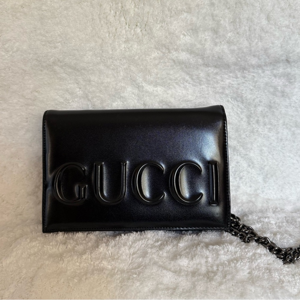Gucci Shiny Black Leather Wallet with Chain